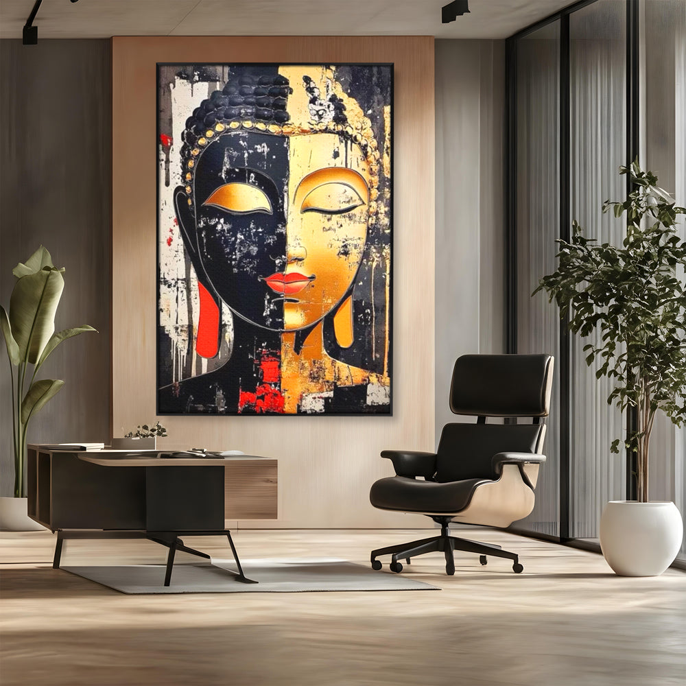 Tablou canvas cu tablou canvas cu chipul lui buddha, in rama de aluminiu negru, pe perete intr-un birou